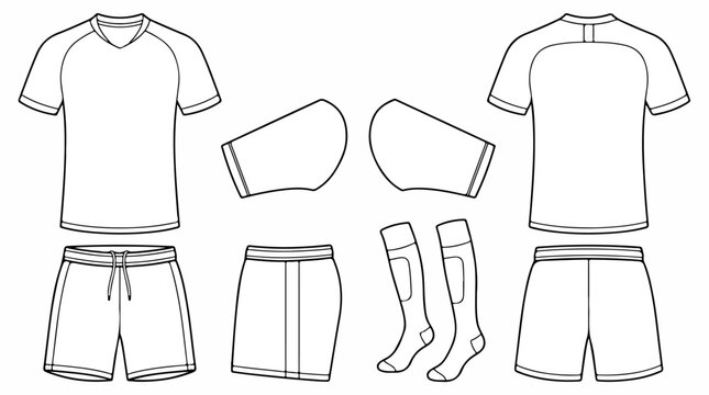 Soccer uniform vector template, blank football jersey and shorts mockup set, athletic sports apparel technical drawing for team kit design isolated PNG with Transparent Background