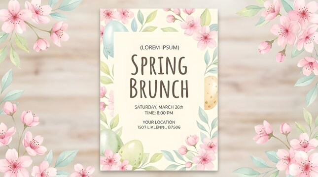 Spring brunch invitation template with watercolor cherry blossoms and eggs