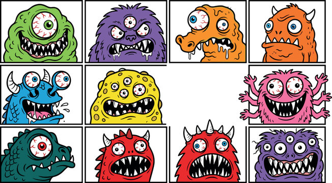 Scary Cartoon Monster Avatar Icon Set with Creepy Freaky Creatures, Bloodshot Eyeballs, and Sharp Teeth for Halloween Graphic Designs Vector Illustration
