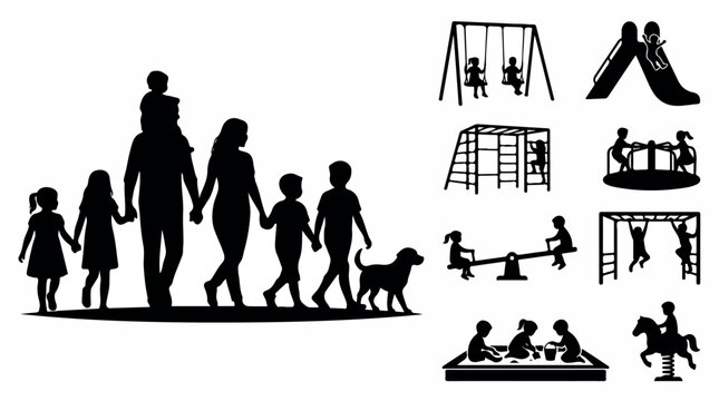Family silhouette set with children and dog, playground equipment icons, kids playing on swings and slides vector collection isolated PNG with Transparent Background