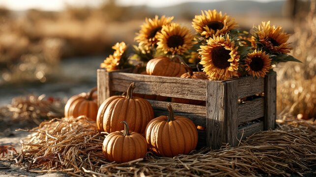 Cozy autumn still life outdoors, a rustic wooden crate filled with pumpkins and sunflowers on a pile of straw, golden sunlight, backlighting, natural field