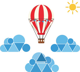 Red and white striped hot air balloon floating in a clear sky with stylized clouds and sun perfect for travel and adventure concepts © Ali