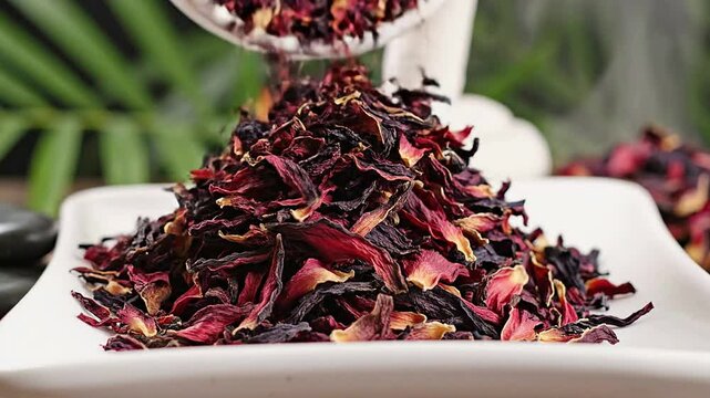Dried Herbal Tea Leaves Being Artfully Poured From Bowl On Plate With Lush Green Background, Emphasizing Health Benefits And Natural Beauty Of Herbal Infusions
