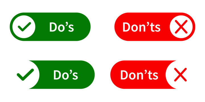 Green and red buttons with check mark and cross symbol for dos and donts list design elements