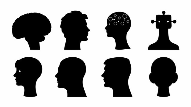 Set of human head silhouettes and artificial intelligence icons, brain and robot head symbols, vector illustration