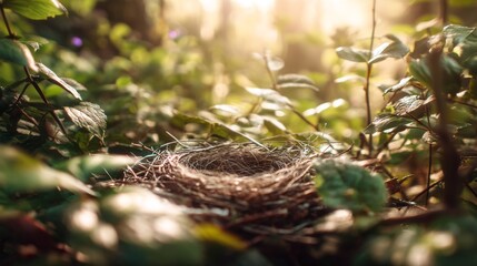 Fototapeta premium Serene Bird Nest Amidst Lush Greenery Under Soft Sunlight in a Tranquil Forest Environment