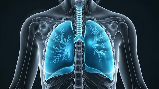 Dynamic Anatomical Illustration of Human Lungs with Visual Effects Representing Health and Respiratory Function on a Dark Background