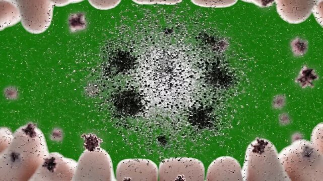 Dynamic Animation of Particles Erupting from Mouth Surrounded by Teeth on Bright Green Background for Oral Health Visualization