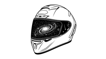 Fototapeta premium Sleek motorcycle helmet vector illustration with a stunning spiral galaxy reflecting in the visor, capturing the essence of cosmic exploration and visionary journeys