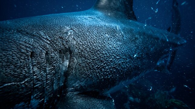 Giant basking shark swims underwater, detail view of skin texture