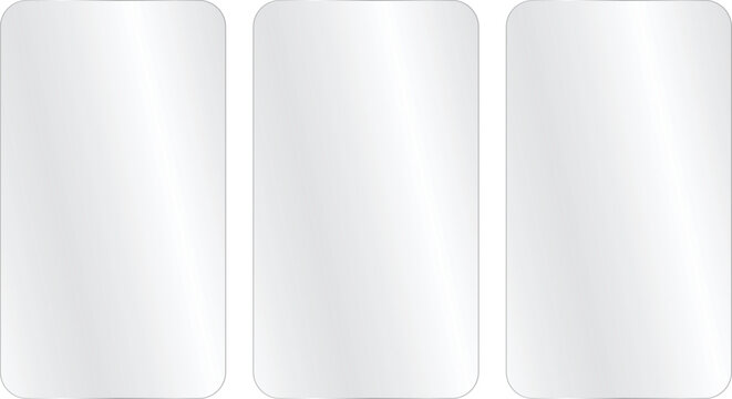 Three blank rectangular glass or plastic screen protectors with rounded corners
