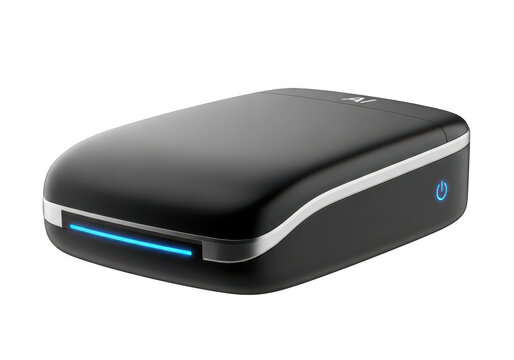 Black portable power bank with blue light on transparent background