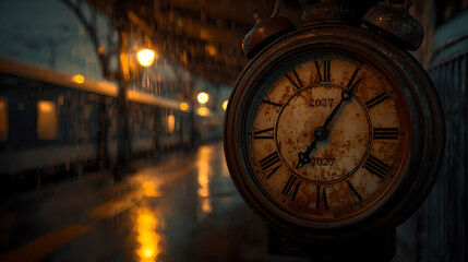 Fototapeta premium Vintage antique clock on a rainy train station platform at night with 2027 printed on dial, time passing concept