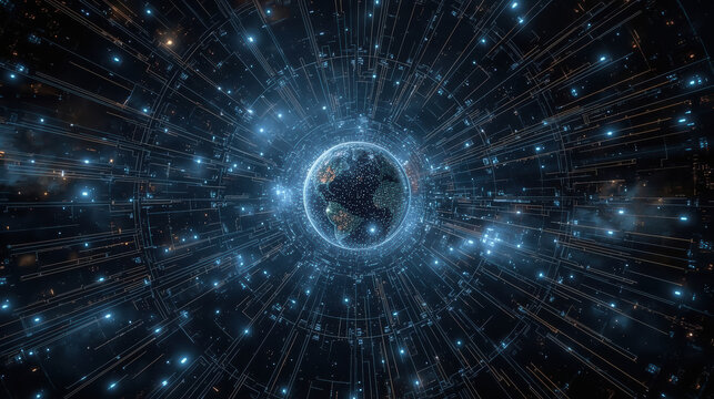 Futuristic digital globe surrounded by radiant data network and light beams evoking cosmic