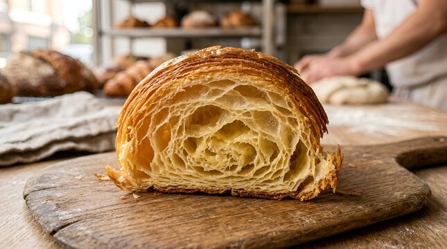 Fresh croissant half on wooden board in bakery