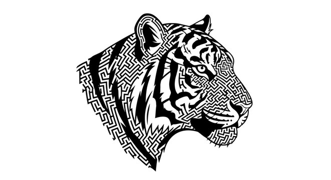 Abstract Black and White Tiger Head Illustration with Maze Pattern