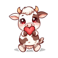 Fototapeta premium Cute Cow Holding Heart Kawaii Love Mascot Illustration