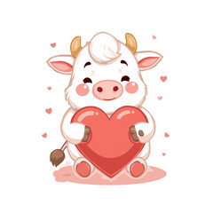 Fototapeta premium Cute Cow Holding Heart Kawaii Love Mascot Illustration