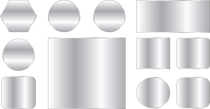 Set of metallic silver buttons and frames of various shapes, including circles, squares, rectangles, and hexagons with a glossy gradient finish for web and ui design elements