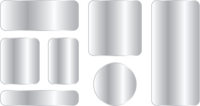 Set of metallic silver glossy buttons and banners with rounded corners, blank shiny chrome web elements for design, vector illustration of various shapes for ui and navigation