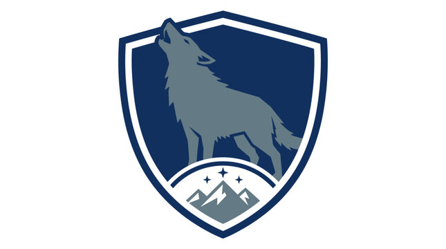 Wolf howling at moon emblem with mountains and stars, shield logo, graphic design
