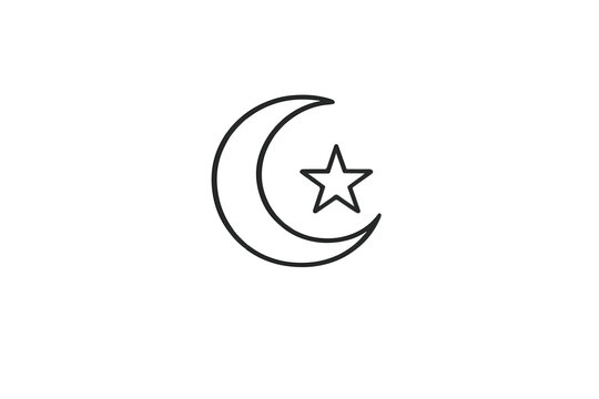 Islamic crescent moon and star line icon vector, minimalist religious symbol for Ramadan and Eid, black outline celestial illustration on white background