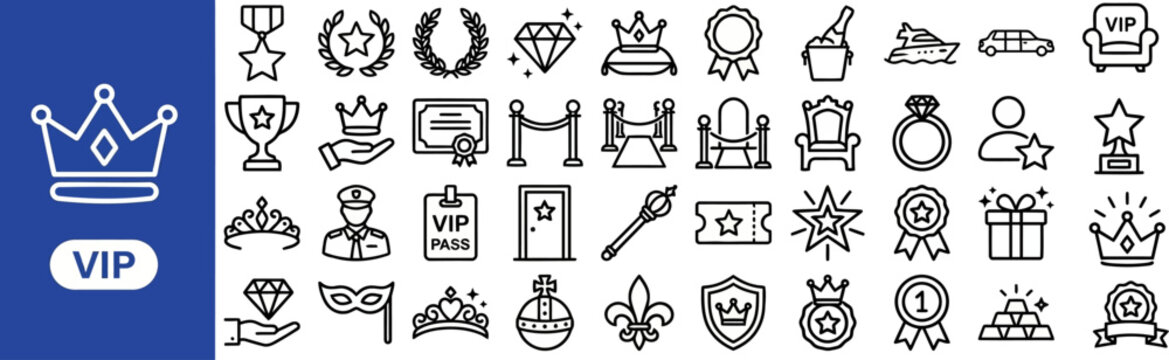VIP Membership outline icon set. Featuring crown, star, diamond, ticket, and ribbon medal symbols. Editable stroke vector icons for loyalty club and reward program.