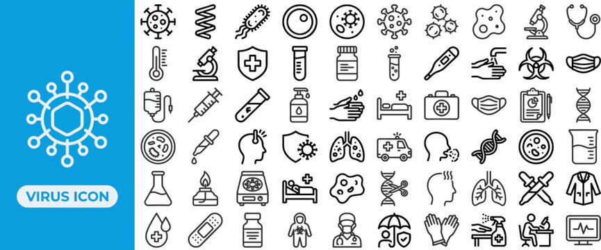 Virus Laboratory outline icon set. Featuring dna, flask, slide, microscope, and petri dish symbols. Editable stroke vector icons for medical research and microbiology.