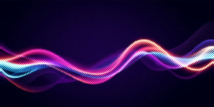 Bright orange wave on a dark blue background. Fluorescent yellow purple smoke. Smooth particle movements blurry data stream. Oscillation of digital waves. Magenta vibration of the flow of space.