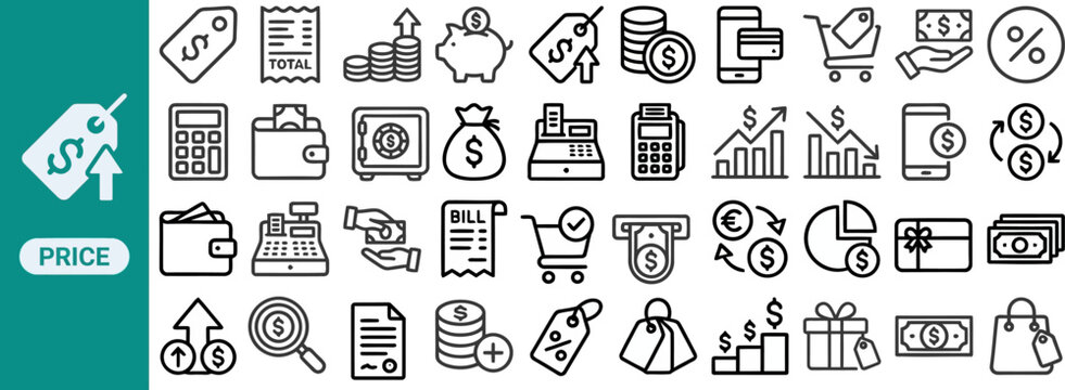 Cost and Value outline icon set. Featuring scale, chart, dollar coin, money bag, and calculator symbols. Editable stroke vector icons for budgeting and financial estimate.