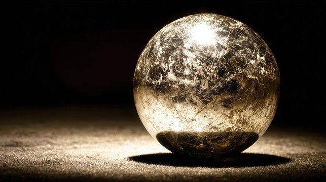 Polished silver sphere reflecting a distorted cosmic galaxy on a textured surface with dramatic lighting