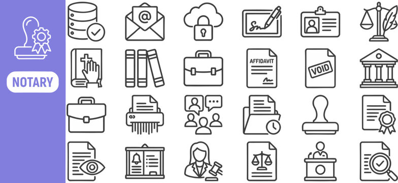 Notary and Seal outline icon set. Featuring stamp, pen, signature, wax seal, and agreement symbols. Editable stroke vector icons for law firm and contract certification.