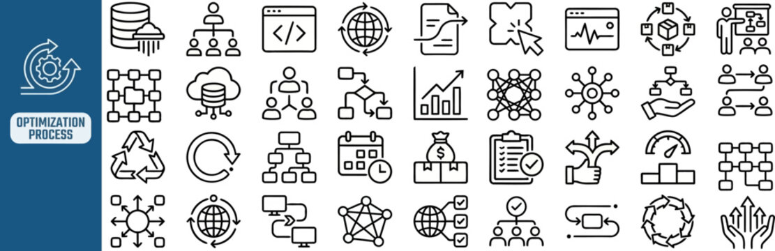 SEO Optimization outline icon set. Featuring gear, target, magnifier, growth graph, and speed gauge symbols. Editable stroke vector icons for digital marketing and search traffic.