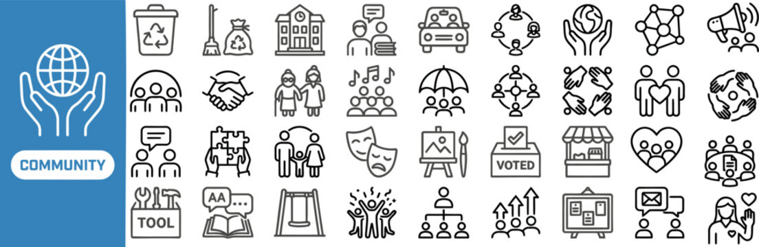 Community Charity outline icon set. Featuring heart, donation, ribbon, helping hands, and gift box symbols. Editable stroke vector icons for charity fundraising event.