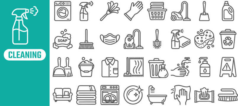 Cleaning Service outline icon set. Featuring broom, mop, bucket, vacuum, and dustpan symbols. Editable stroke vector icons for janitorial and home cleaning.