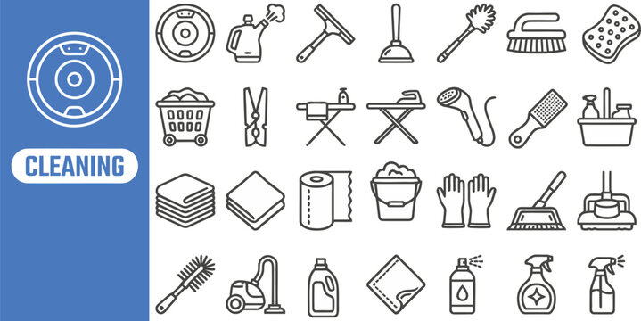 Cleaning Supplies outline icon set. Featuring soap, sponge, brush, glove, and spray bottle symbols. Editable stroke vector icons for disinfectant brand and hygiene product.