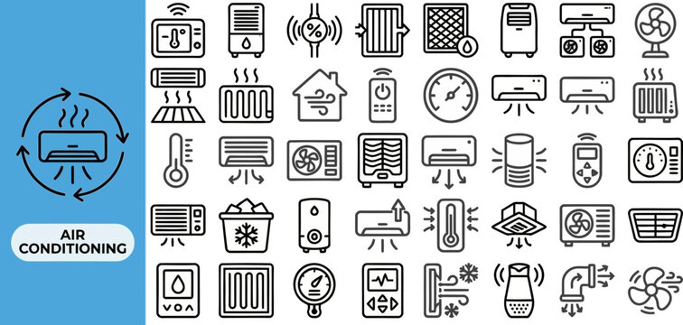 Air Conditioner outline icon set. Featuring fan, vent, ac unit, thermostat, and snowflake symbols. Editable stroke vector icons for hvac repair and climate comfort.
