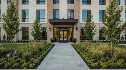 Obraz premium Modern building entrance with clean landscaping and welcoming pathway