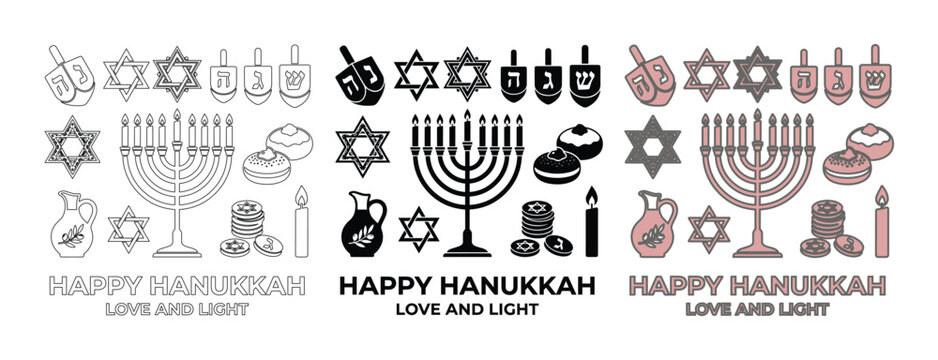 Happy Hanukkah vector icon set, traditional Jewish festival symbols, celebration elements for holiday designs. Love and Light Hanukkah collection, modern line art and solid glyphs.