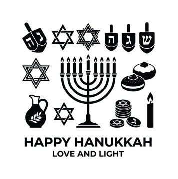 Happy Hanukkah vector icon set, traditional Jewish holiday symbols, black and white menorah, dreidel, Star of David, sufganiyot, and candle graphics for festive designs.
