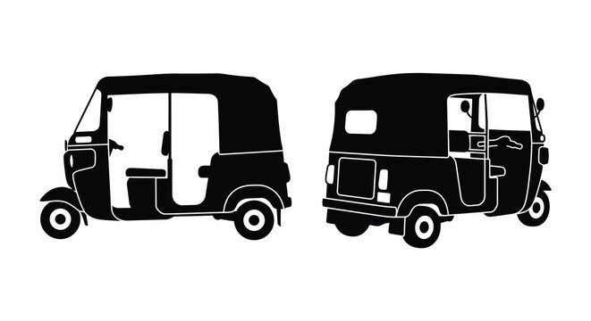 Two black auto rickshaw silhouettes side and three quarter views on white background silhouette vehicle transportation