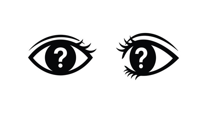 Two human eyes with question marks black silhouette eye vision sight look gaze pupil iris eyelash