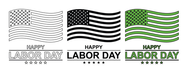 Happy Labor Day vector flags, a collection of three distinct American flag designs with festive typography and star accents, perfect for holiday greetings and promotional graphics © Nasira's studio