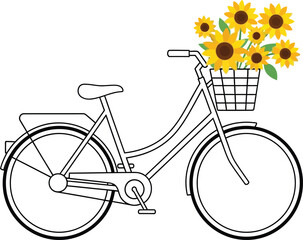 Line art bicycle with a basket full of sunflowers a charming illustration for summer themes isolated on white background © Ali