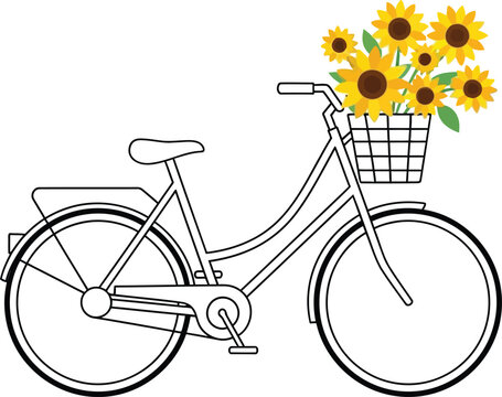 Line art bicycle with a basket full of sunflowers a charming illustration for summer themes isolated on white background