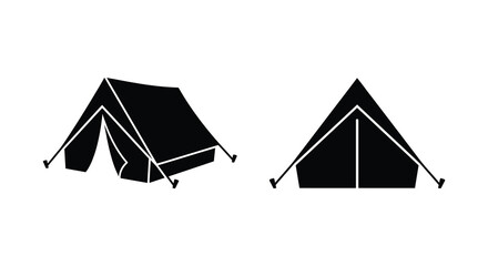 Two tent silhouettes with angled lines and staked poles black on white background silhouette tents camping © Aklima