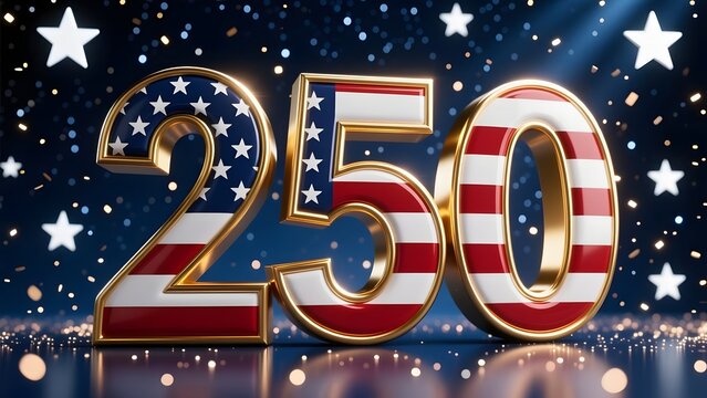 Patriotic 250th Anniversary Celebration, 3D Gold Number 250 with American Flag Texture, Semiquincentennial USA Birthday Background