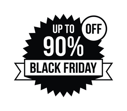 Black Friday sale vector, up to 90% off discount badge, promotional marketing graphic, e-commerce shopping event emblem