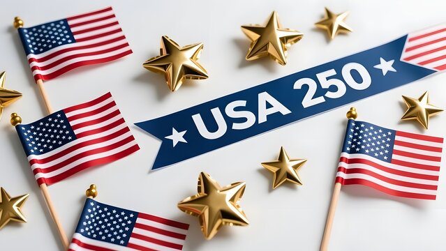USA 250 semiquincentennial celebration background, American flags with gold stars and blue banner, United States 250th anniversary patriotic decor