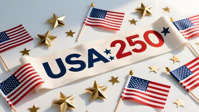 USA 250 semiquincentennial celebration banner, American flags and gold stars on white background, patriotic United States 250th anniversary decor